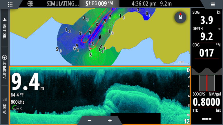 Screenshot of kelp and seagrass growing on the Norwegian coast from a Simrad<sup>&reg;</sup> NSS Evo